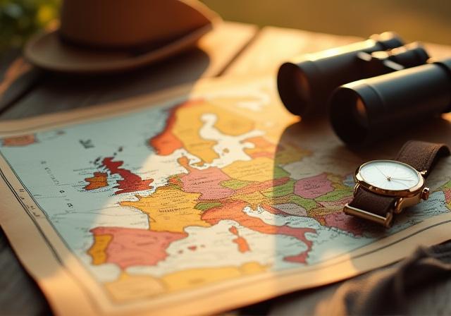 Map and binoculars on a wooden table